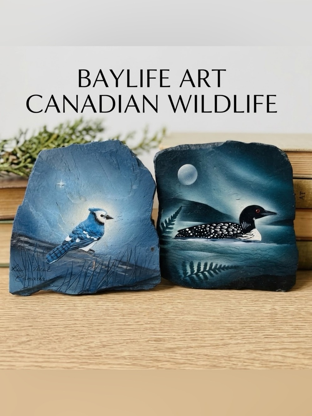 Vintage Baylife Art Hand Painted Slate Wall Decor Set Blue Jay Loon Wildlife